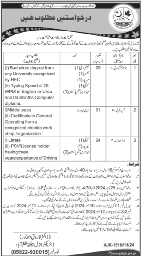 Health Department Muzaffarabad For Junior Clerk  Jobs 2024 